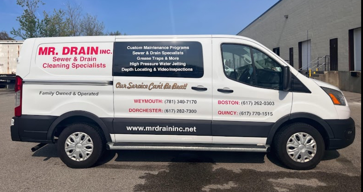 Mr. Drain Inc. branded service van — serving Boston, North Shore & South Shore