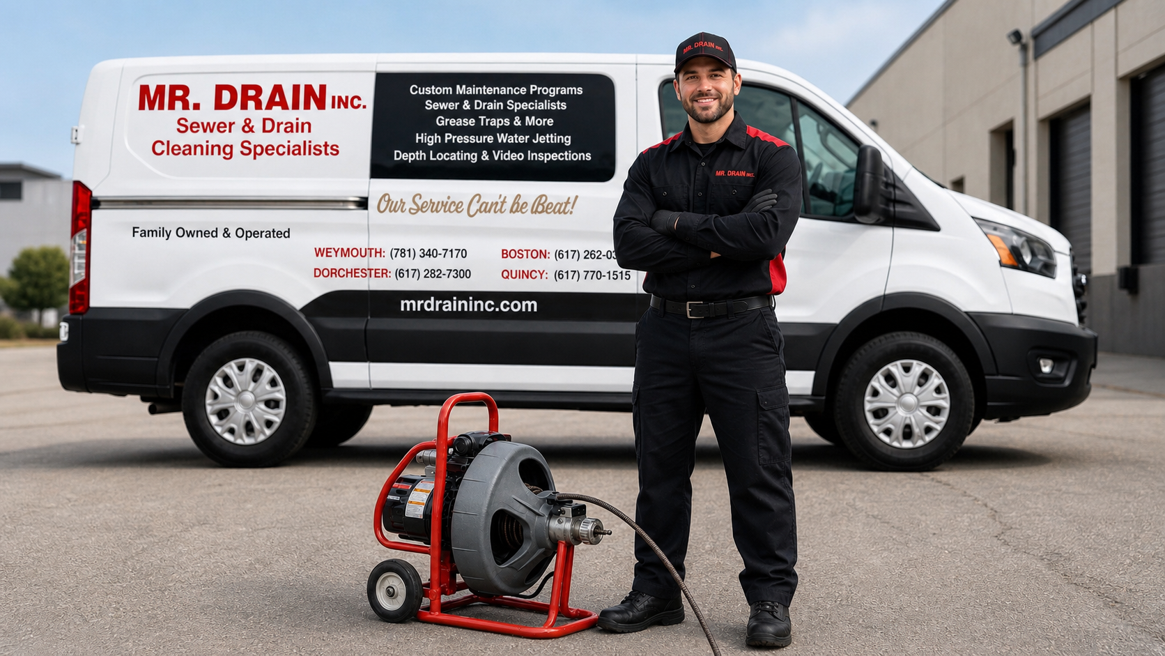 Mr. Drain Inc technician standing with drain cleaning equipment in front of branded service van